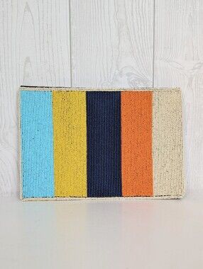 Ink + Alloy Clutch Beaded Front With Zipper Canvas Cloth Bag Makeup Pouch